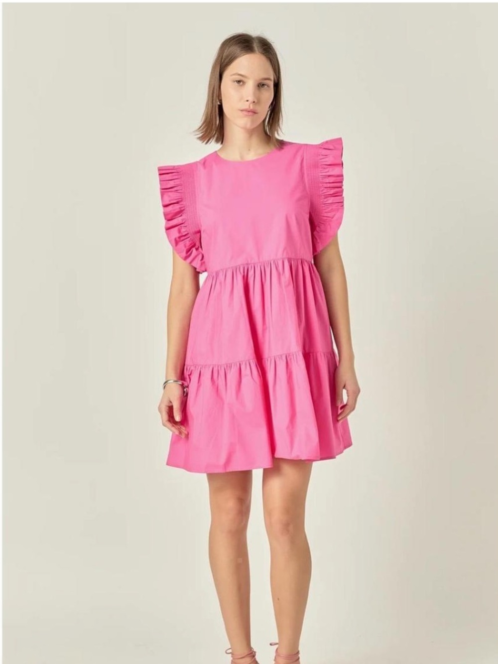 English Factory Bright Pink Ruffle Sleeve Tiered Mini Dress